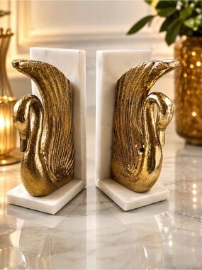 Gold Swan Marble Bookends - Pair